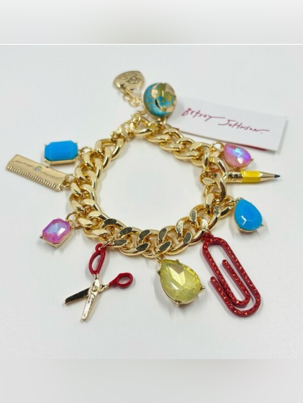 Betsey Johnson Gold-Tone School Charm Bracelet with Multicolor Gems NWT Teacher